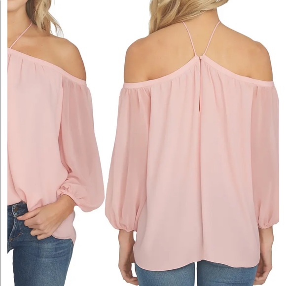 1.STATE Off the Shoulder Sheer Chiffon Blouse, Main, color, PINK TAFFE - Picture 6 of 7